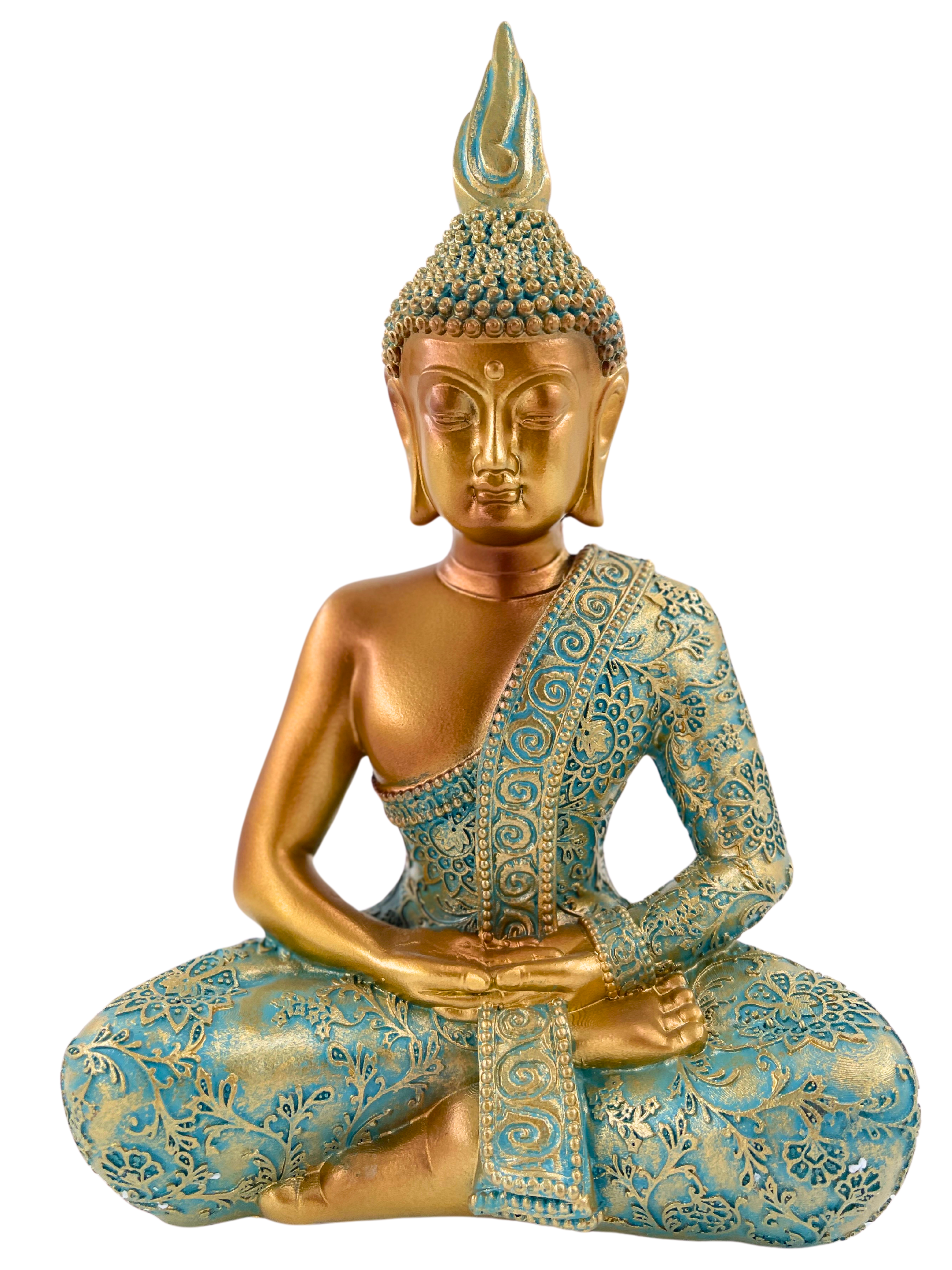 Buddha Statue Gelassenheit Mintgruen Gold Polyresin 25cm