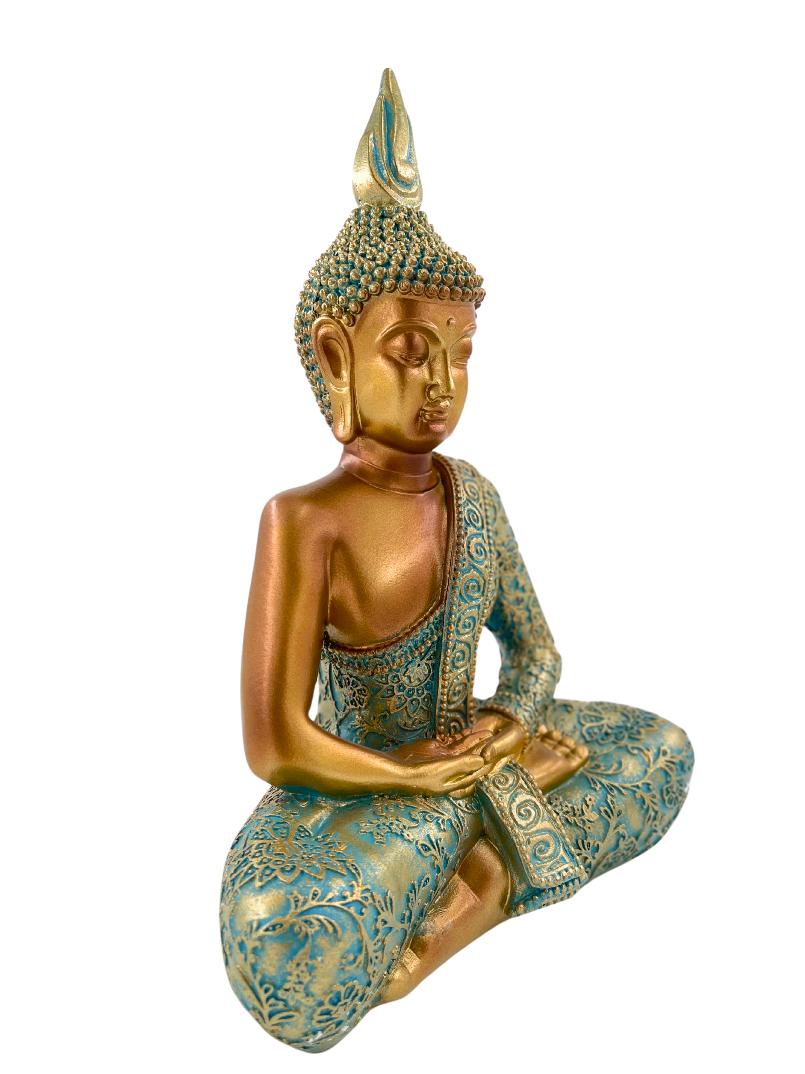 Buddha Statue Gelassenheit Mintgruen Gold Polyresin 25cm