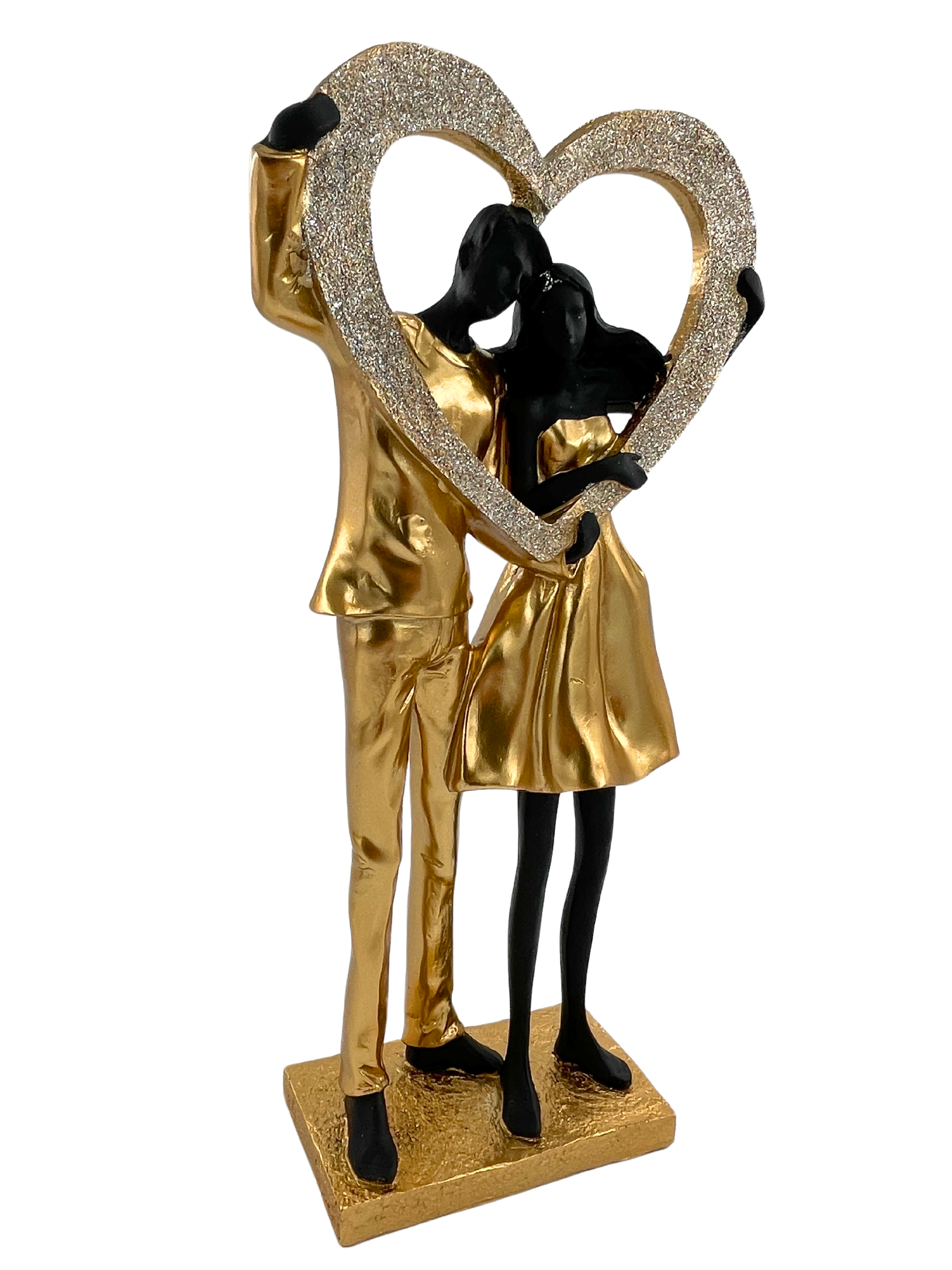 Elegante Skulptur eines Paares in Schwarz und Gold mit Herz glänzend