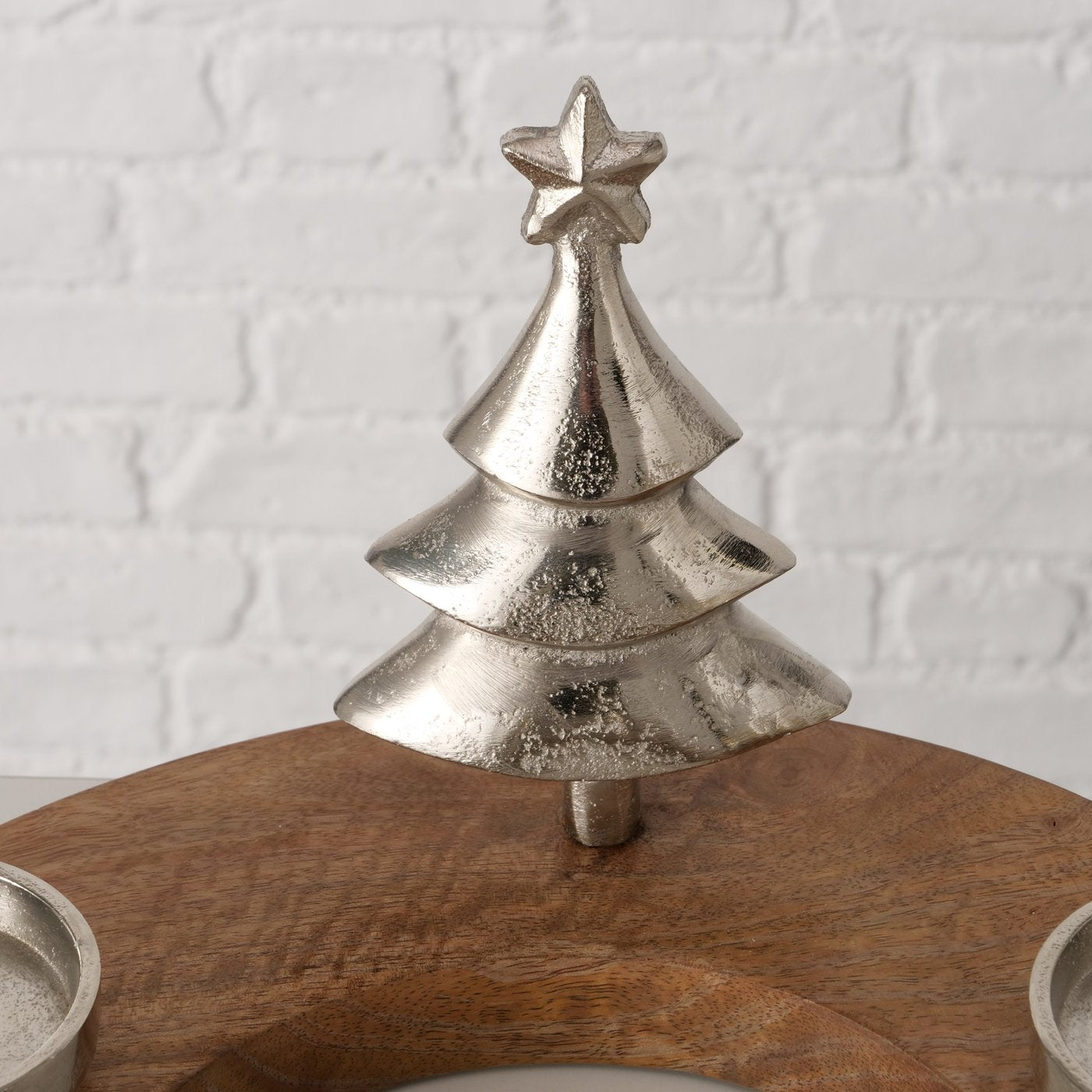 Teelichthalter Sorrest Holz Metall Adventskranz Rund Silber Natur