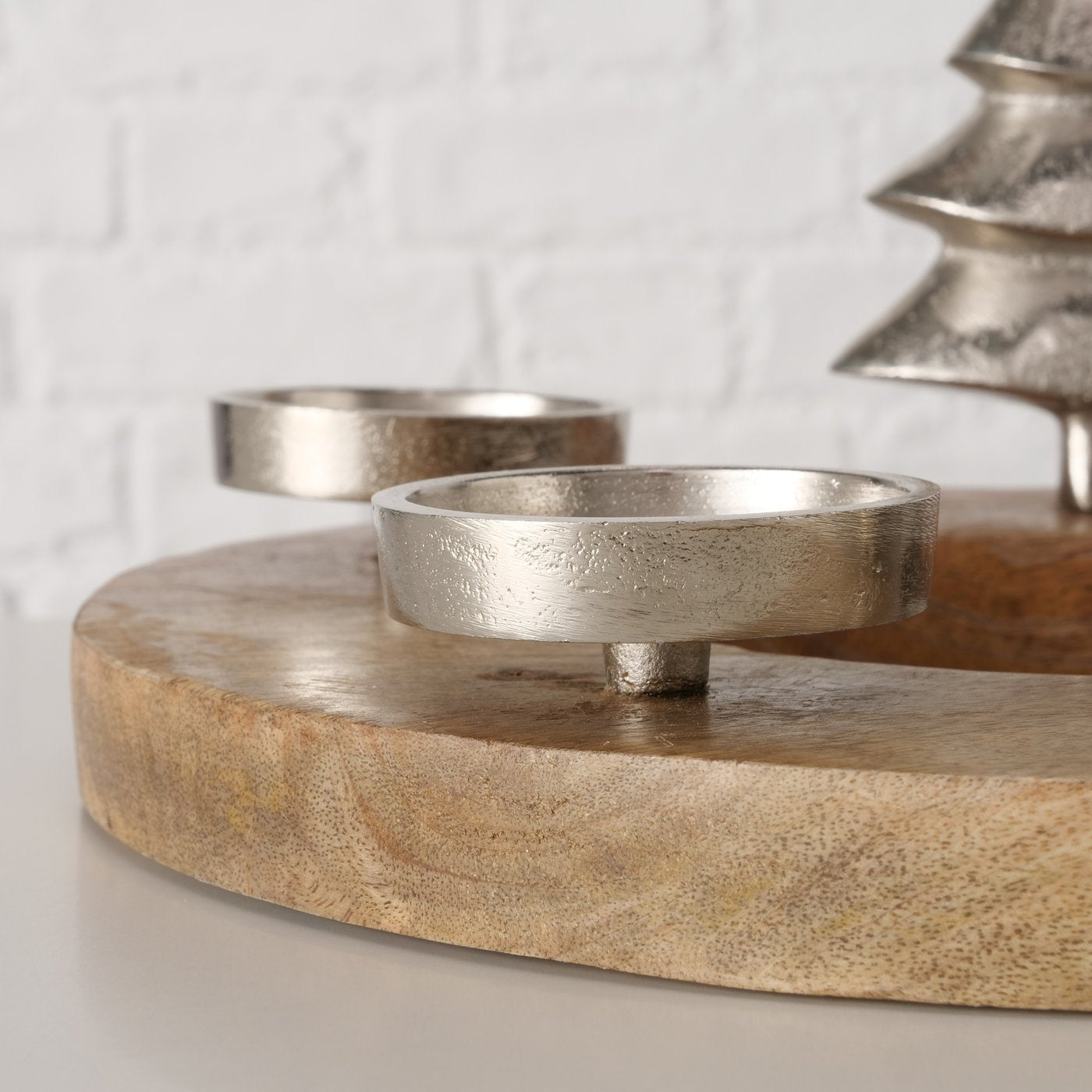 Teelichthalter Sorrest Holz Metall Adventskranz Rund Silber Natur