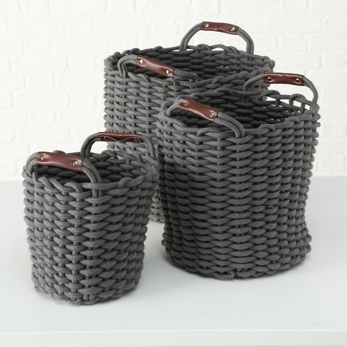 Aufbewahrungskorb Set Cathrin 3tlg Rundkorb Textil mit Ledergriff Dunkelgrau oder Weiß