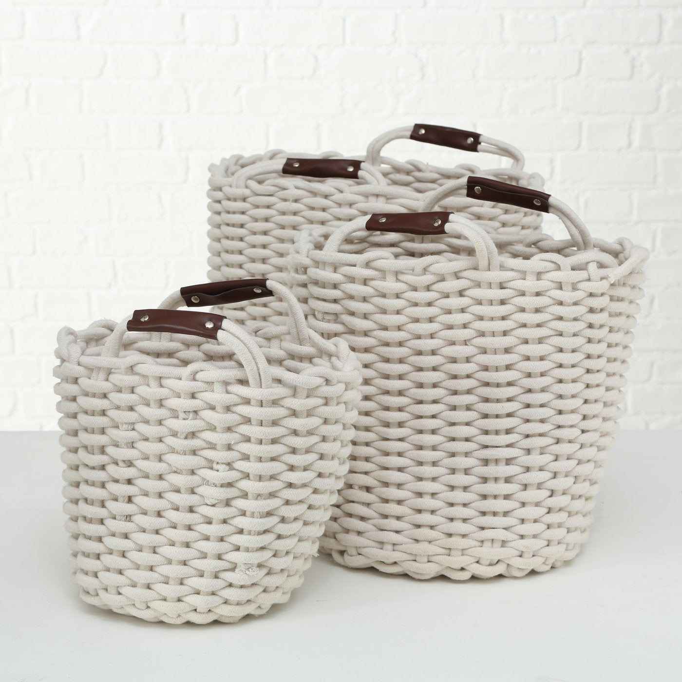 Aufbewahrungskorb Set Cathrin 3tlg Rundkorb Textil mit Ledergriff Dunkelgrau oder Weiß