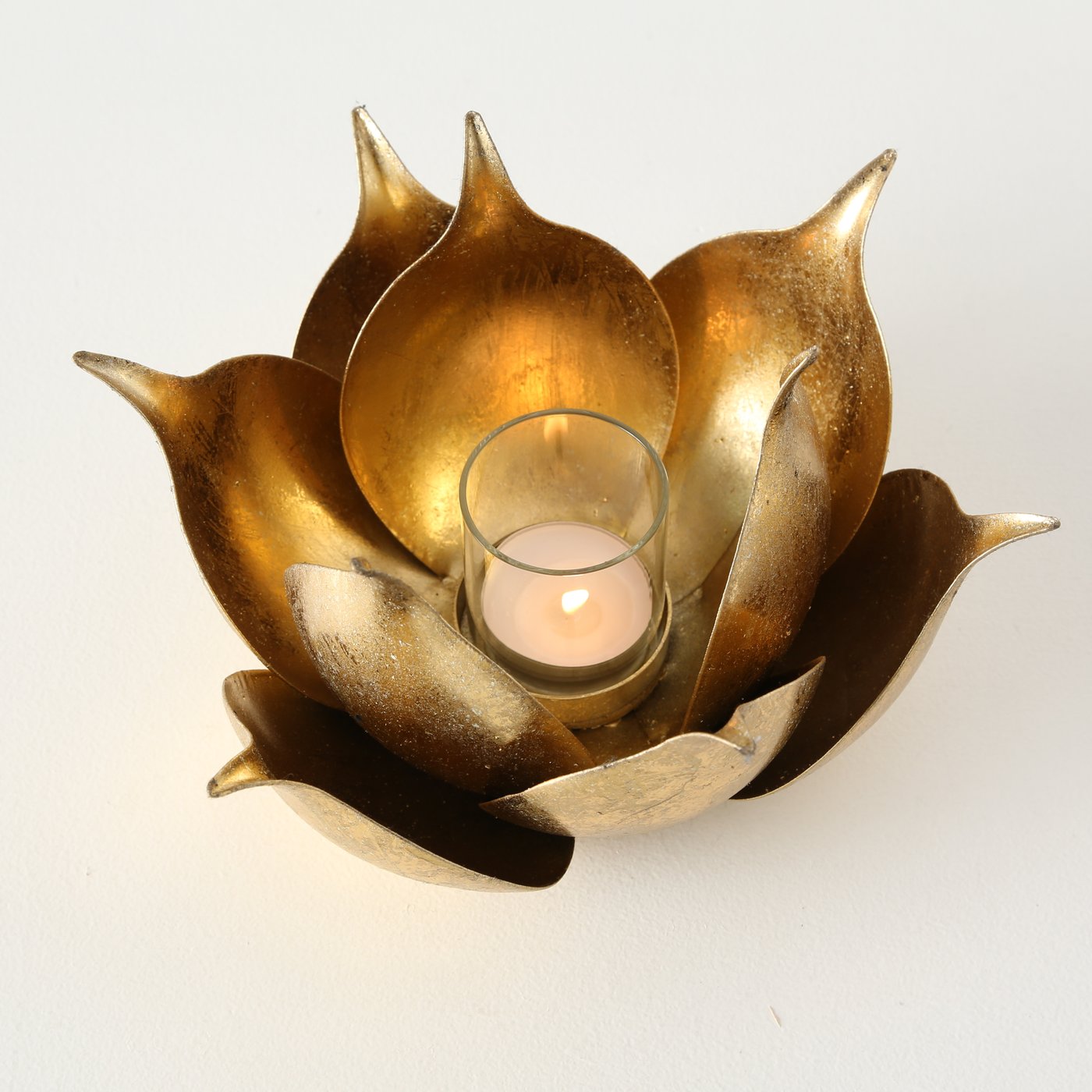 Lotus Windlicht Kerzenhalter, Metall Gold, 20 cm, Handgefertigt