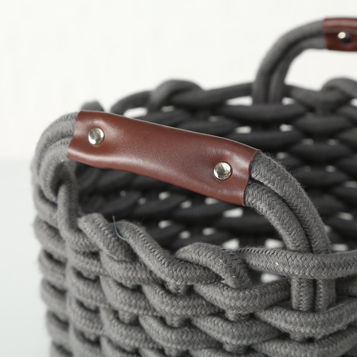 Aufbewahrungskorb Set Cathrin 3tlg Rundkorb Textil mit Ledergriff Dunkelgrau oder Weiß