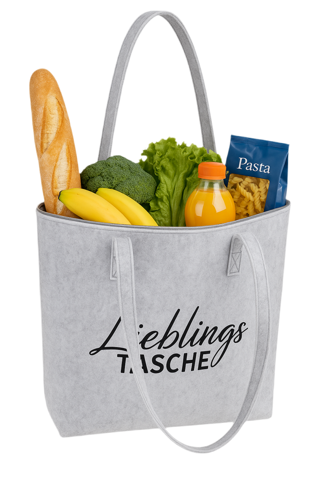Filz Tasche hellgrau mit Reißverschluss und Schriftzug Lieblingstasche 35x45 cm