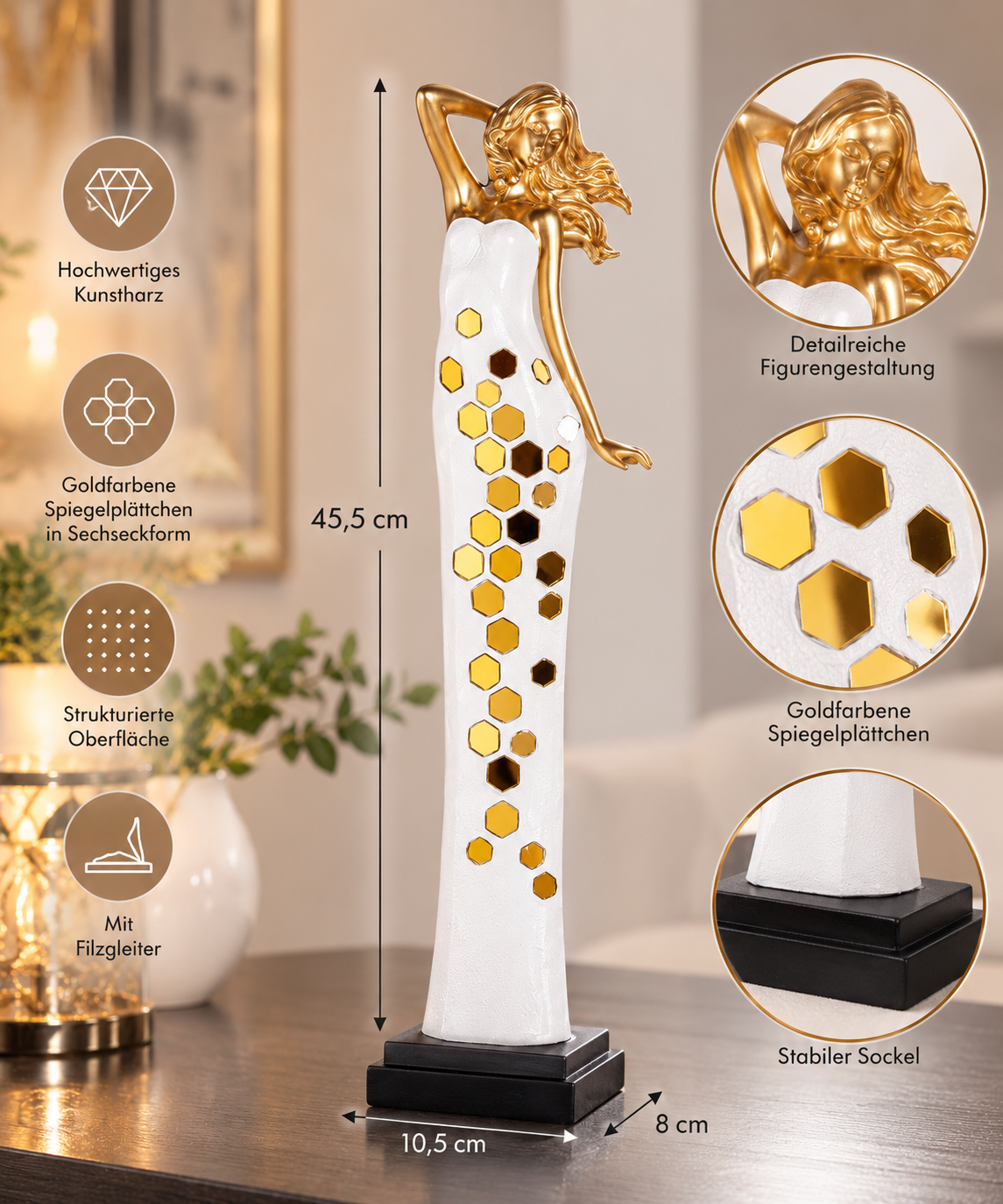 Skulptur Lichtblick Frau weiß goldfarben 45,5 cm