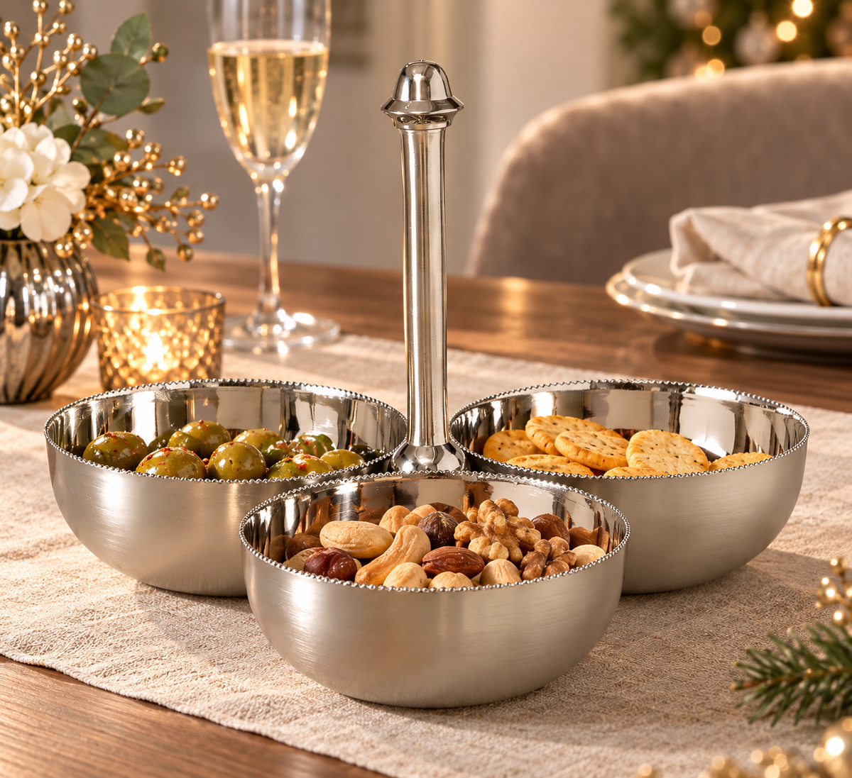 Servierschale Elega Silber 3-fach mit Tragegriff 20 cm