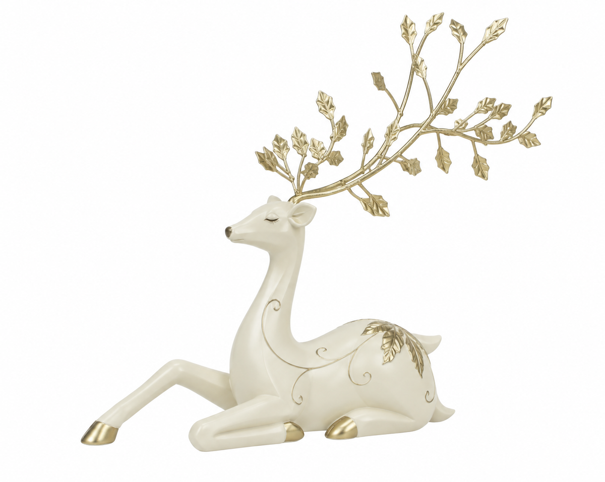 Deko Rentier Blätterzauber liegend Weiß Gold 25 cm