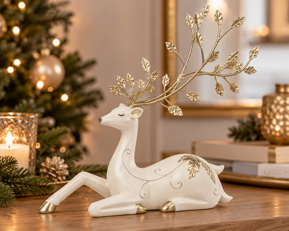 Deko Rentier Blätterzauber liegend Weiß Gold 25 cm