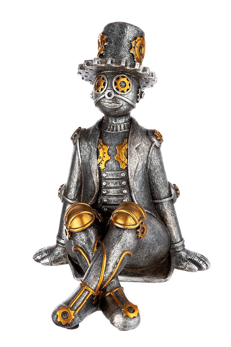 2er Set Poly Steampunk Skulptur Kantensitzer 'Tin Man' - Einzigartiges Design in Silber und Kupfer