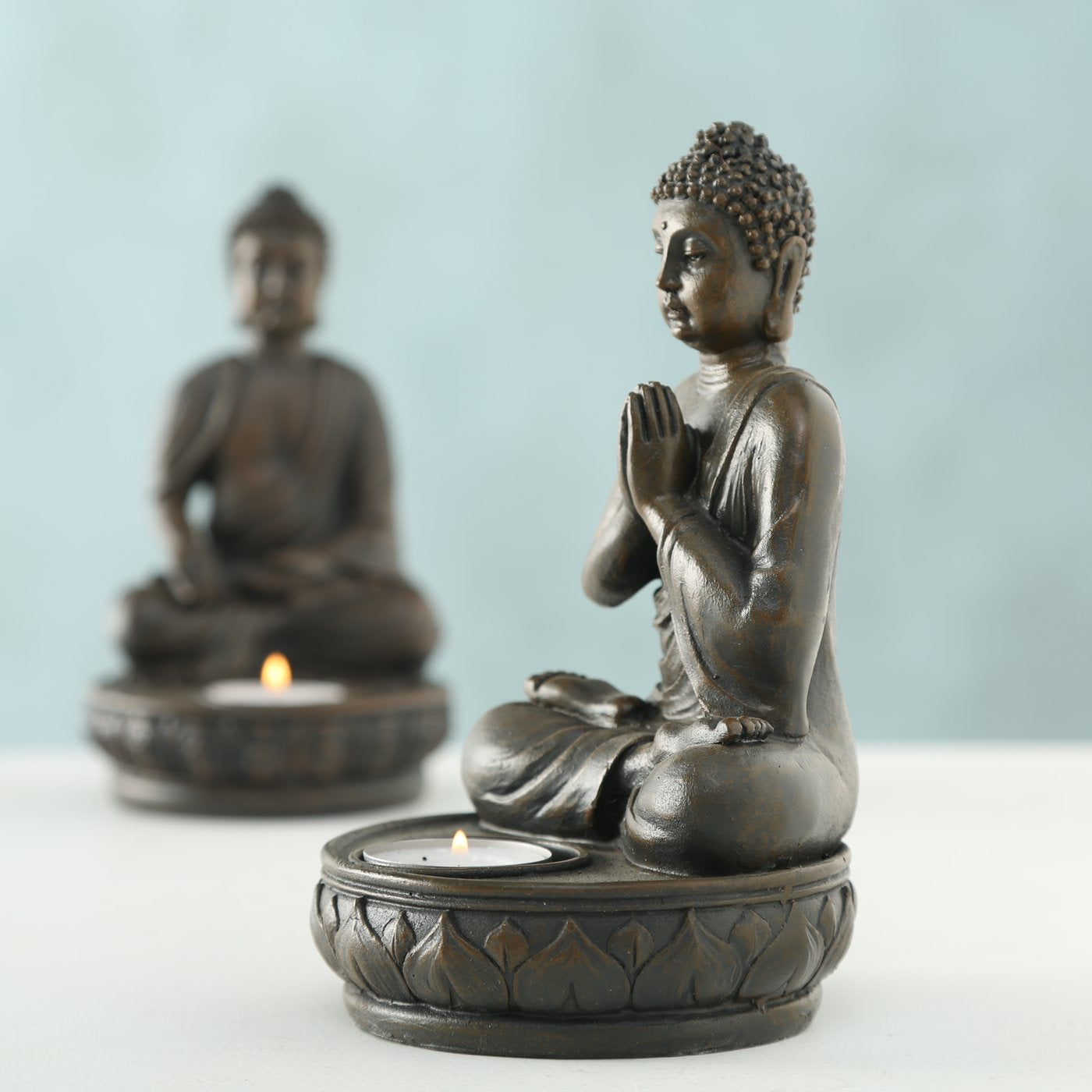 2er Set Teelichthalter "Zen Buddha" – Kunstharz Teelichthalter in Buddha Form