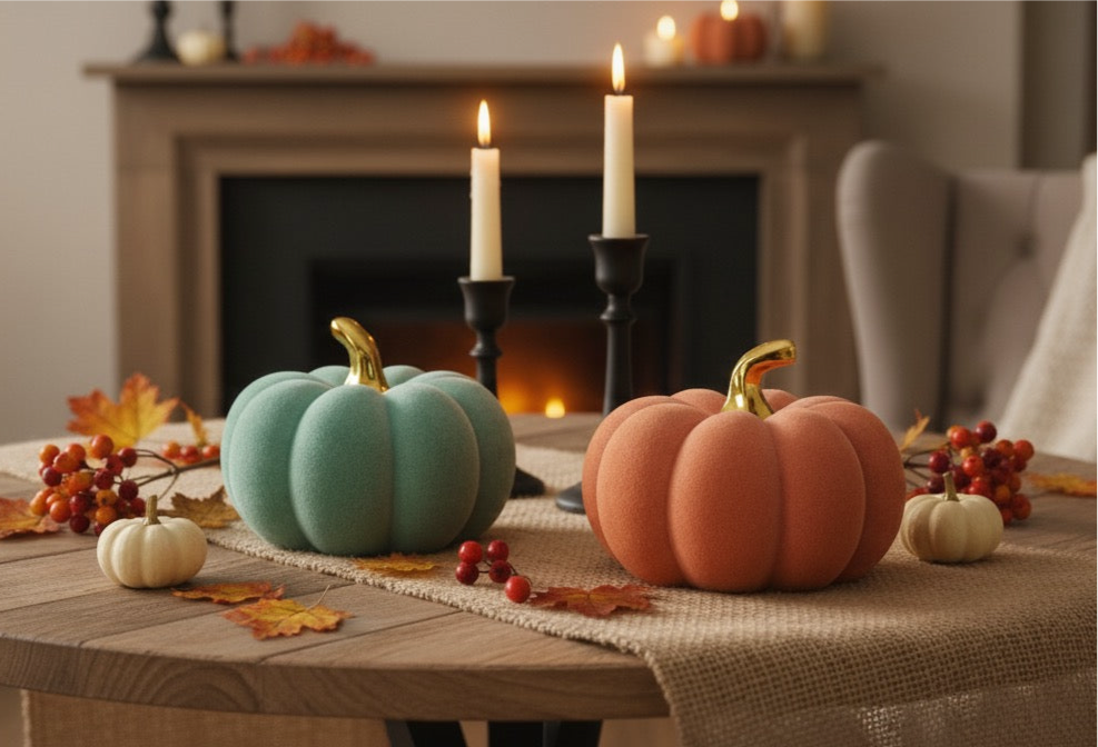 Kürbis Skulptur Happy Harvest Orange Mintgrün 24cm Herbstdeko Dolomit Figur