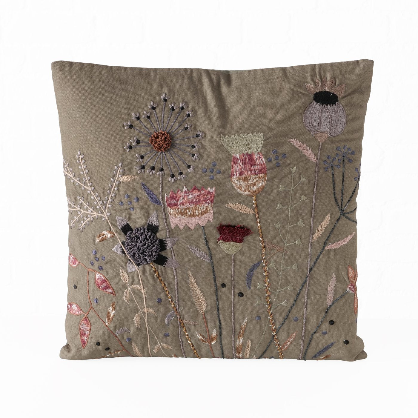 Dekokissen Flora Vintage 45x45 cm Handbestickt Floral Grün Rosa