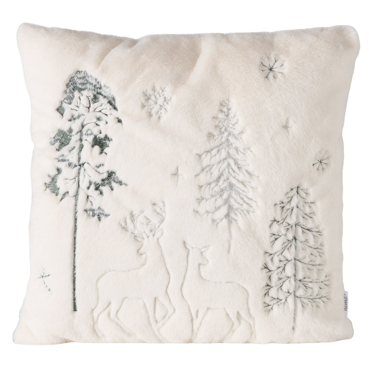 Dekokissen Winterwald Cremeweiß mit Hirschmotiv 45 x 45 cm