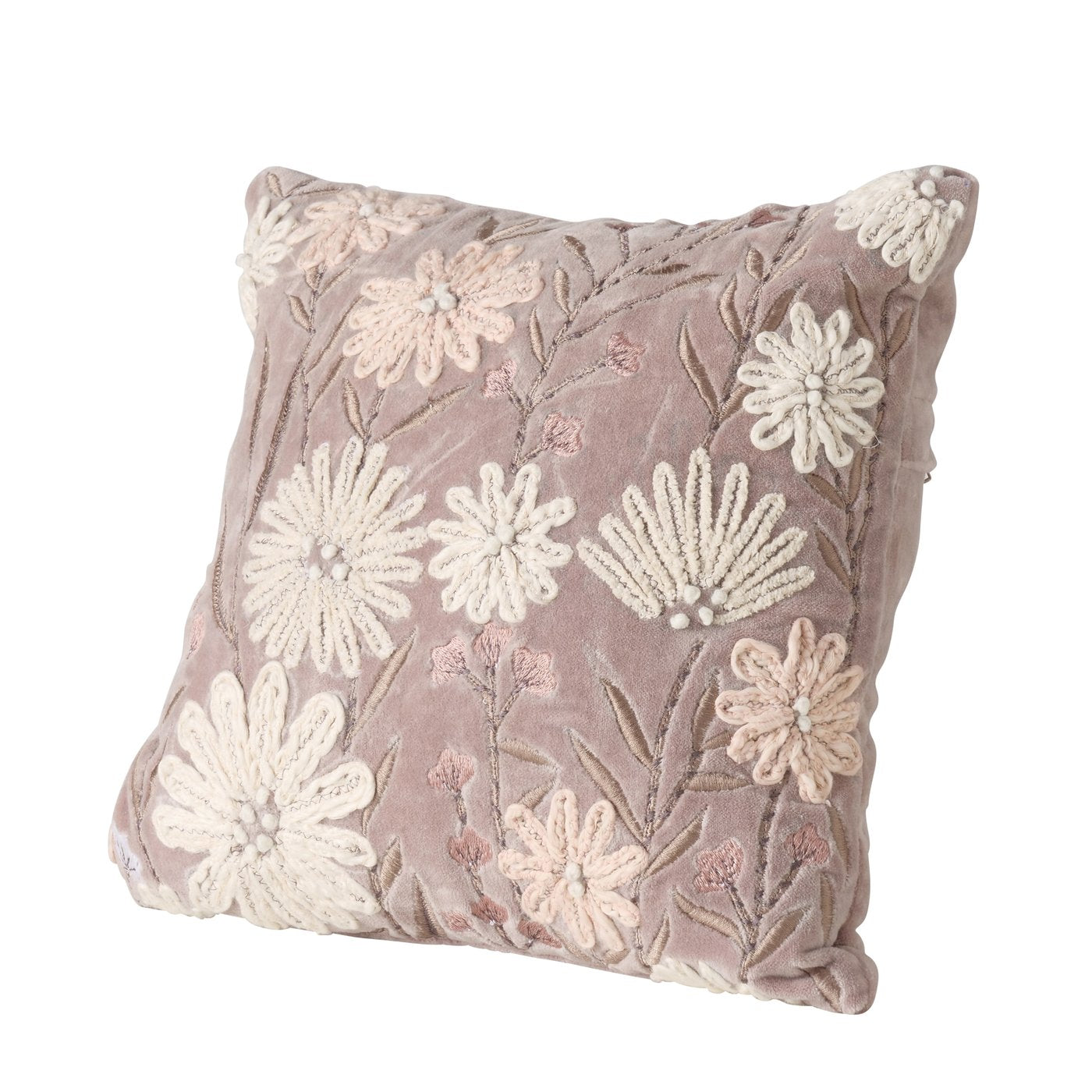 Besticktes Sofakissen Fleur – Handgefertigtes Dekokissen in Rosa 30cm