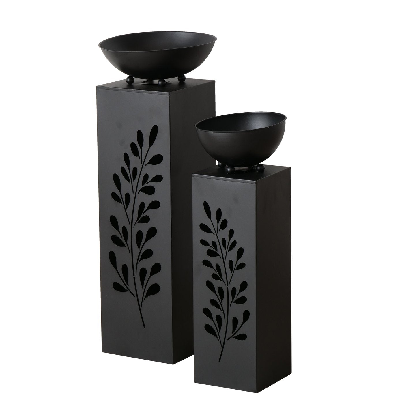 Decoratieve zuilenset Fenja zwart metaal met schaal en bloemmotief