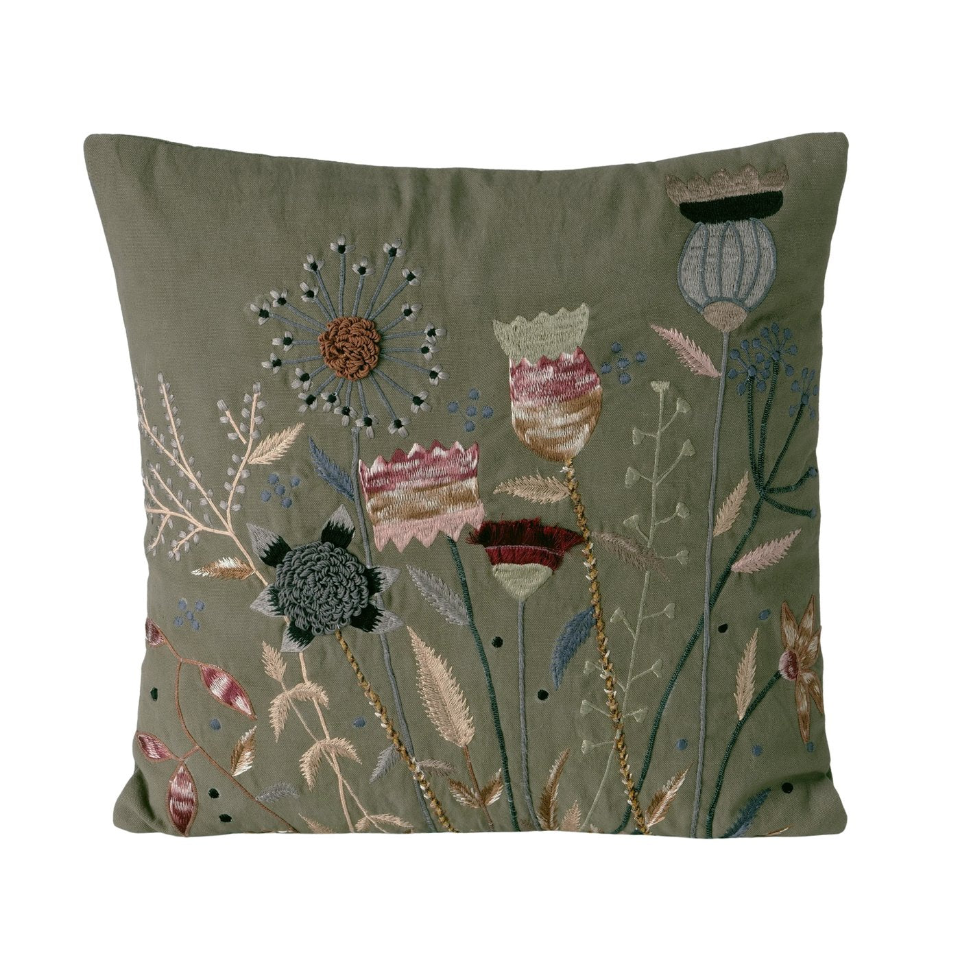 Kissenbezug Botanica Verde 45x45 cm Handbestickt Florales Design Oliv