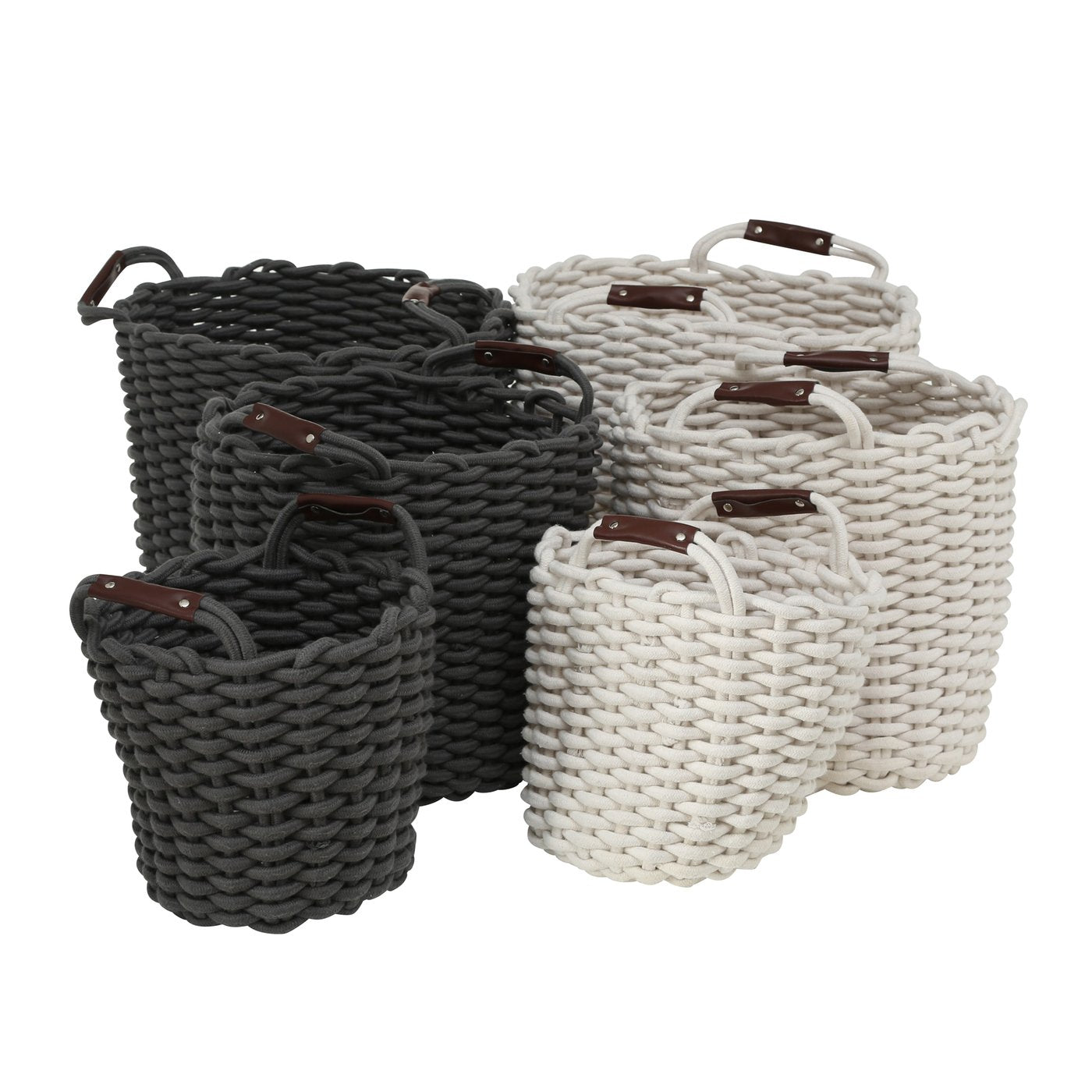 Aufbewahrungskorb Set Cathrin 3tlg Rundkorb Textil mit Ledergriff Dunkelgrau oder Weiß