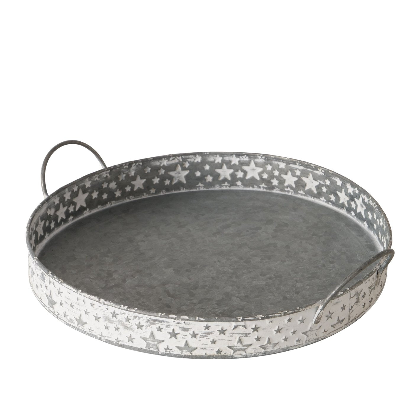 Deko Tablett Stephanus Metall Rund Grau Weiß mit Sternen Weihnachtsdekoration
