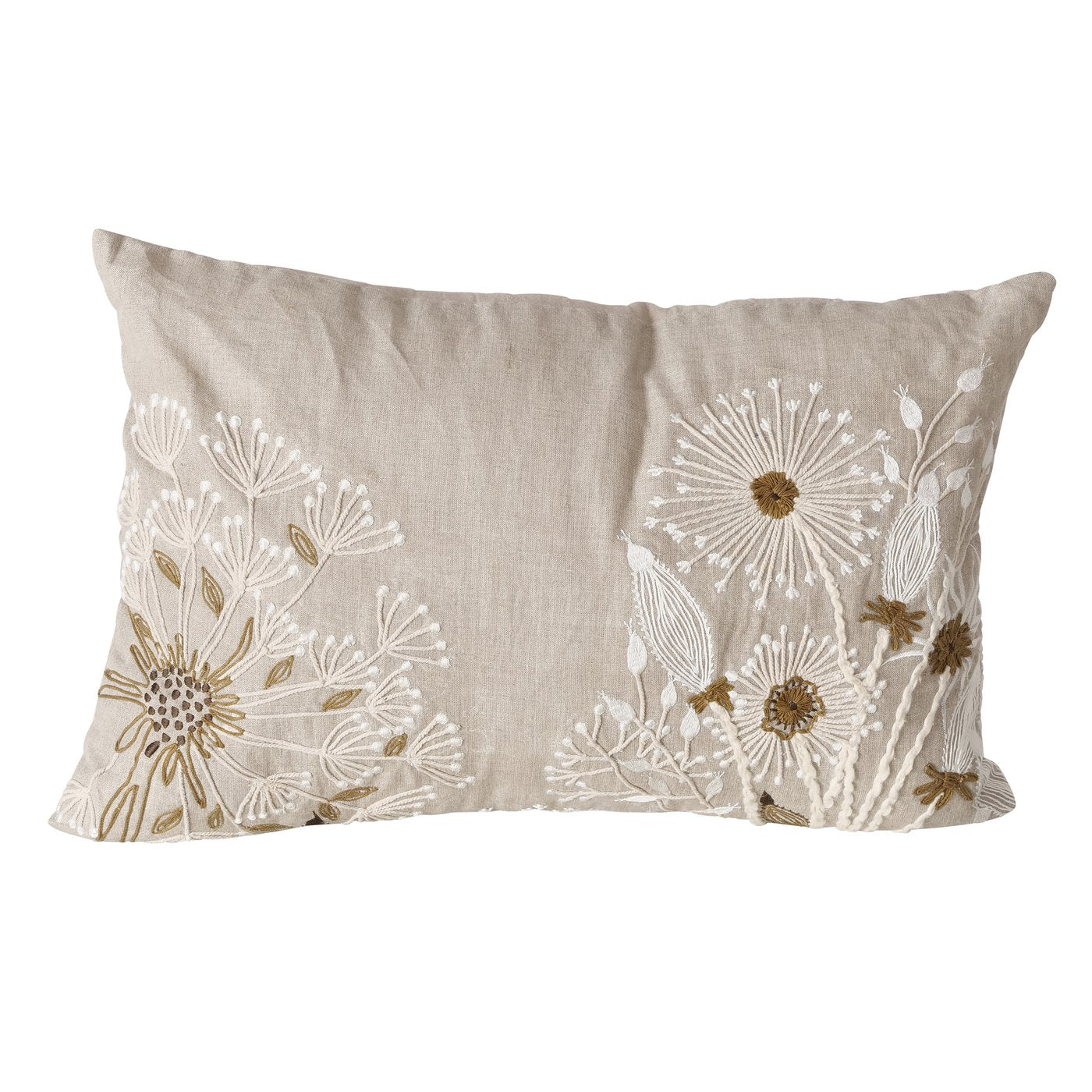 Kissen Finna Leinen Beige Weiß Bestickt Blumen 60x39cm