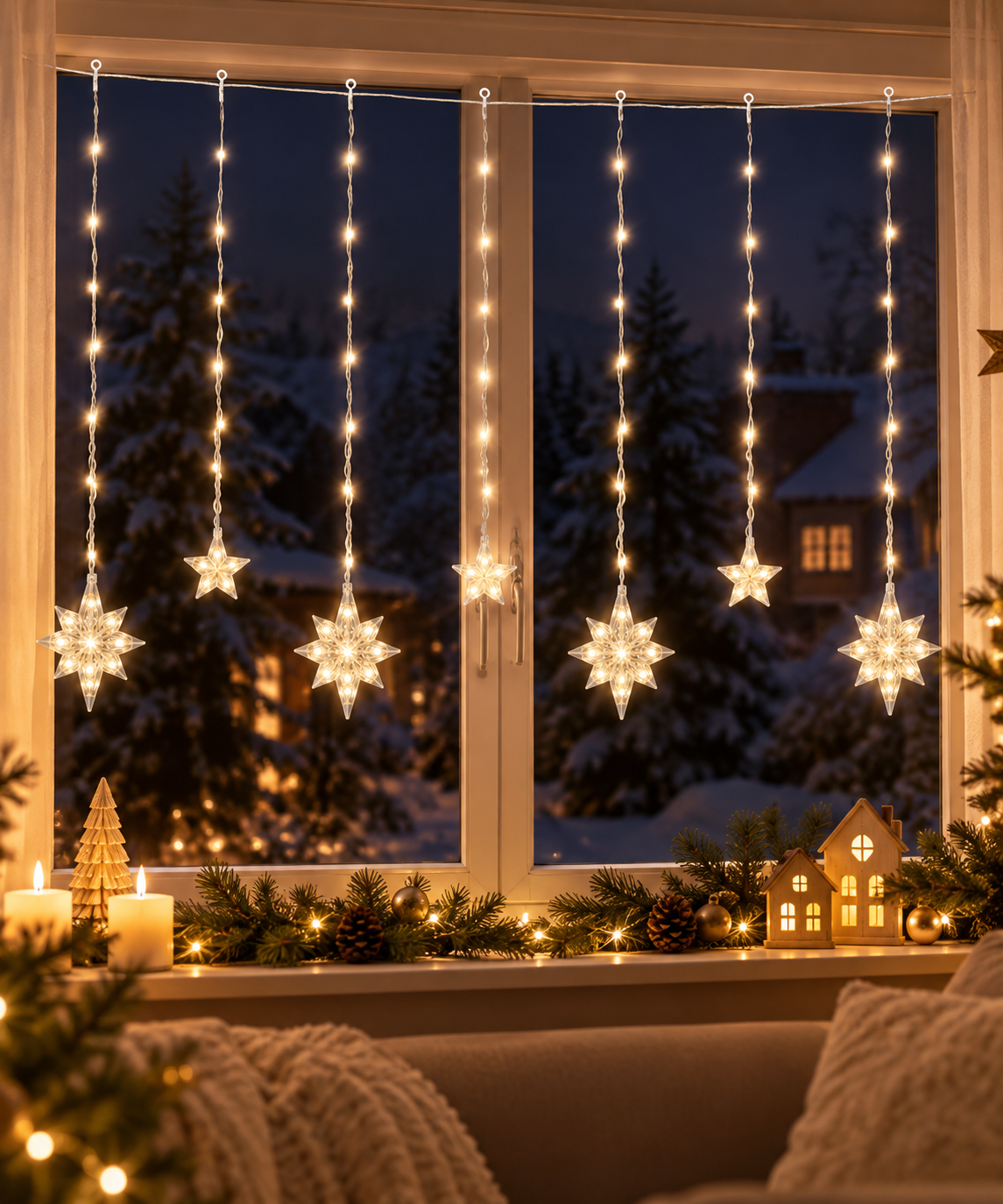 LED Fenstervorhang Sternenlicht Transparent Warmweiß 120 x 105 cm