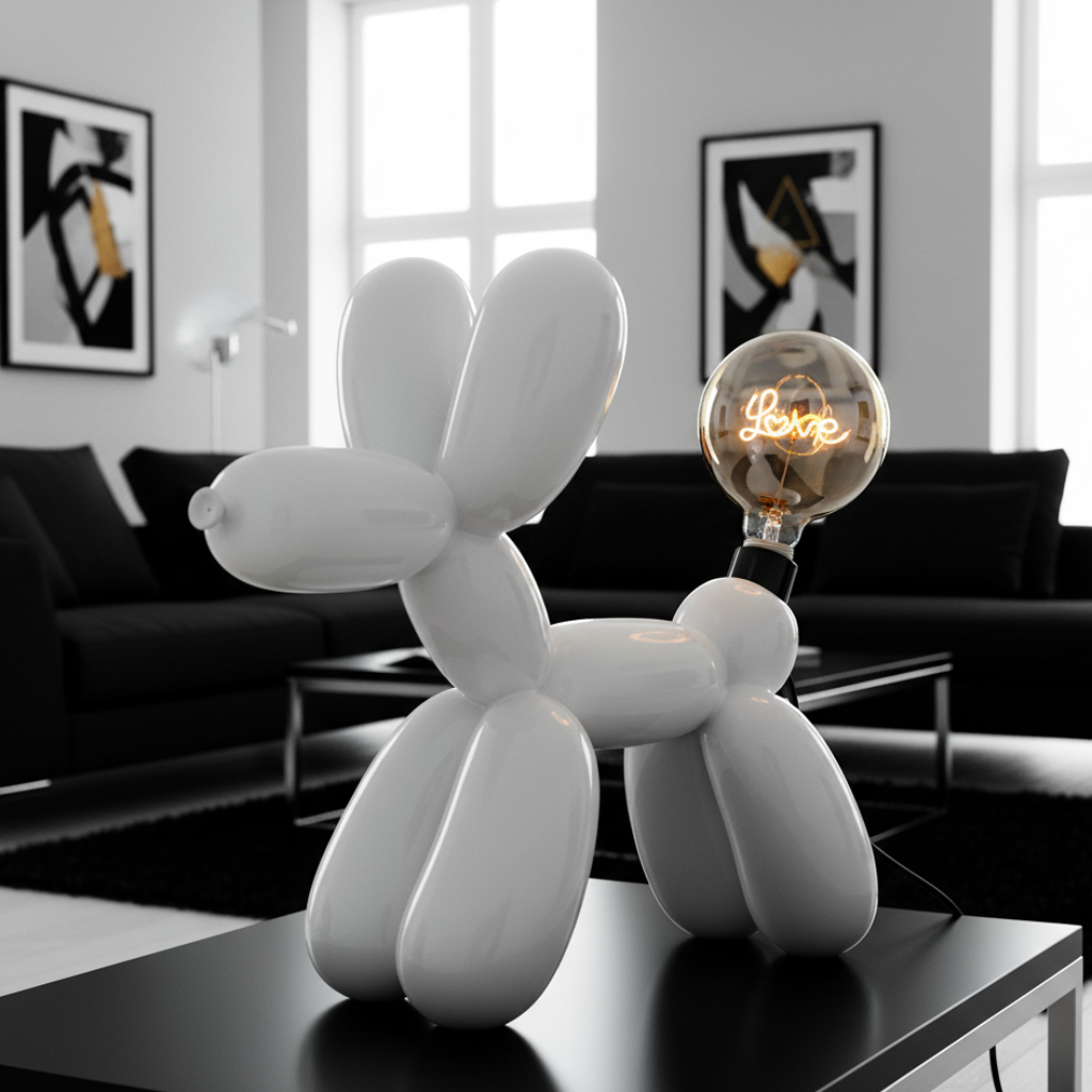 Tischleuchte Ballonhund Elio in Weiß oder Schwarz mit LED Schriftzug Love Home