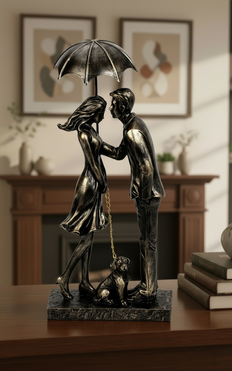 Dekofigur Paar mit Hund unter Regenschirm Gold Schwarz 32cm