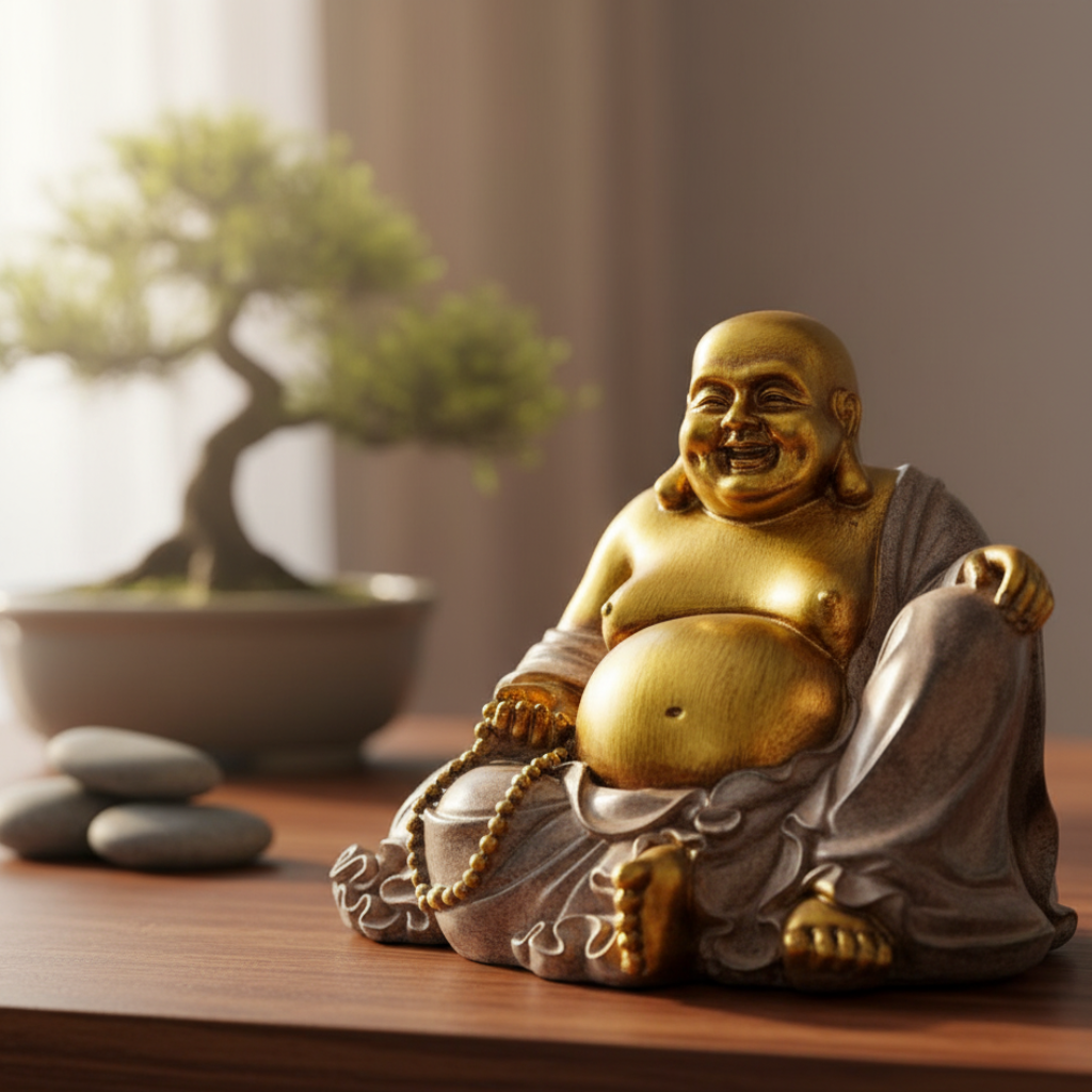 Lachender dicker Buddha Handbemalte Skulptur für Ruhe und Kraft