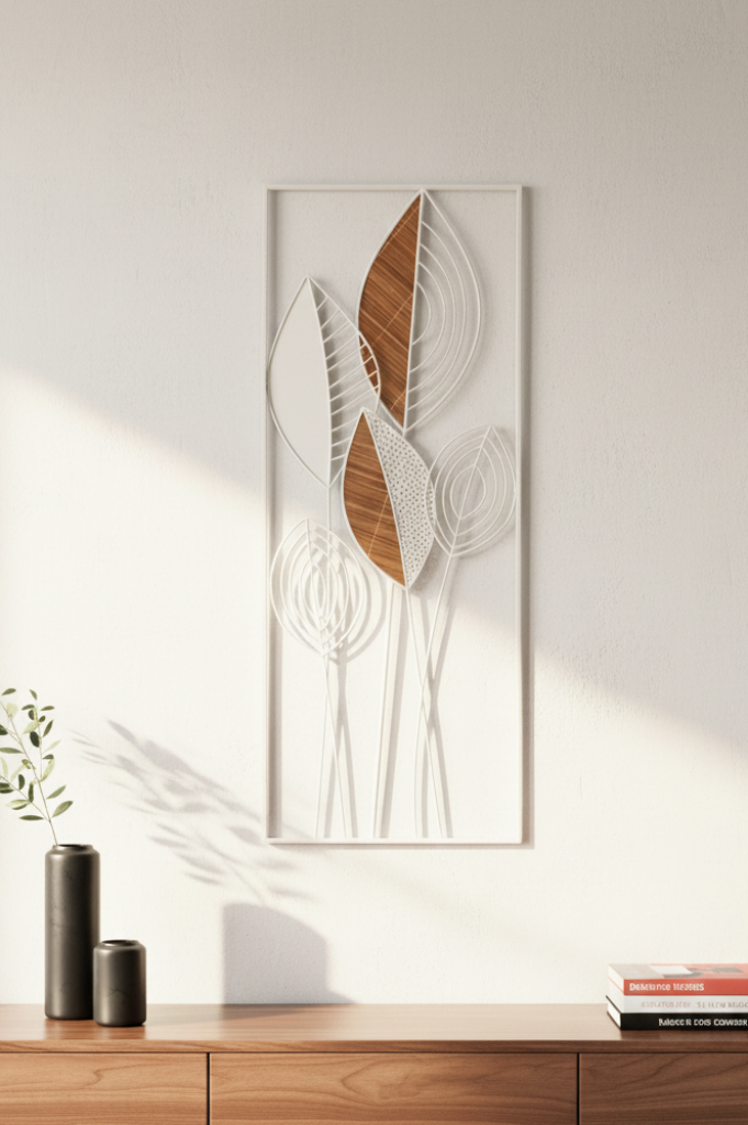 Noble leaf wall decoration made of metal/bamboo in white