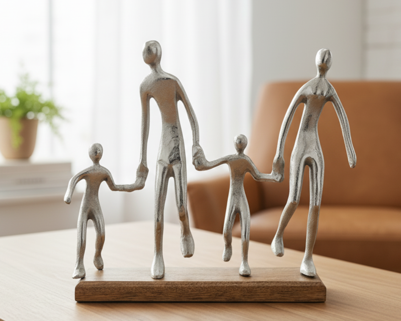 Harmonious family sculpture in silver on wooden base width 38cm