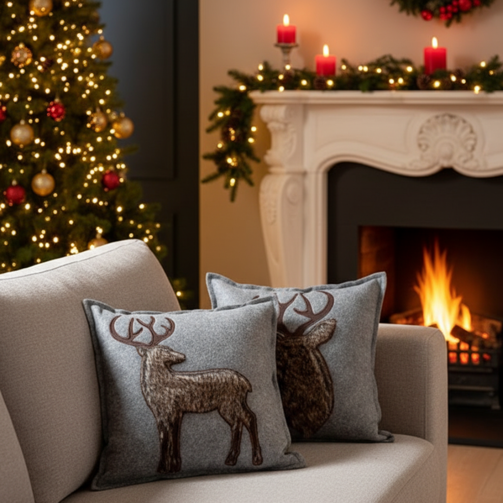 2er Set Filz Kissen "HIRSCH" hellgrau mit dunkelbrauner Plüschfell-Optik Handwäsche Füllung und Hülle Breite/Höhe 45cm