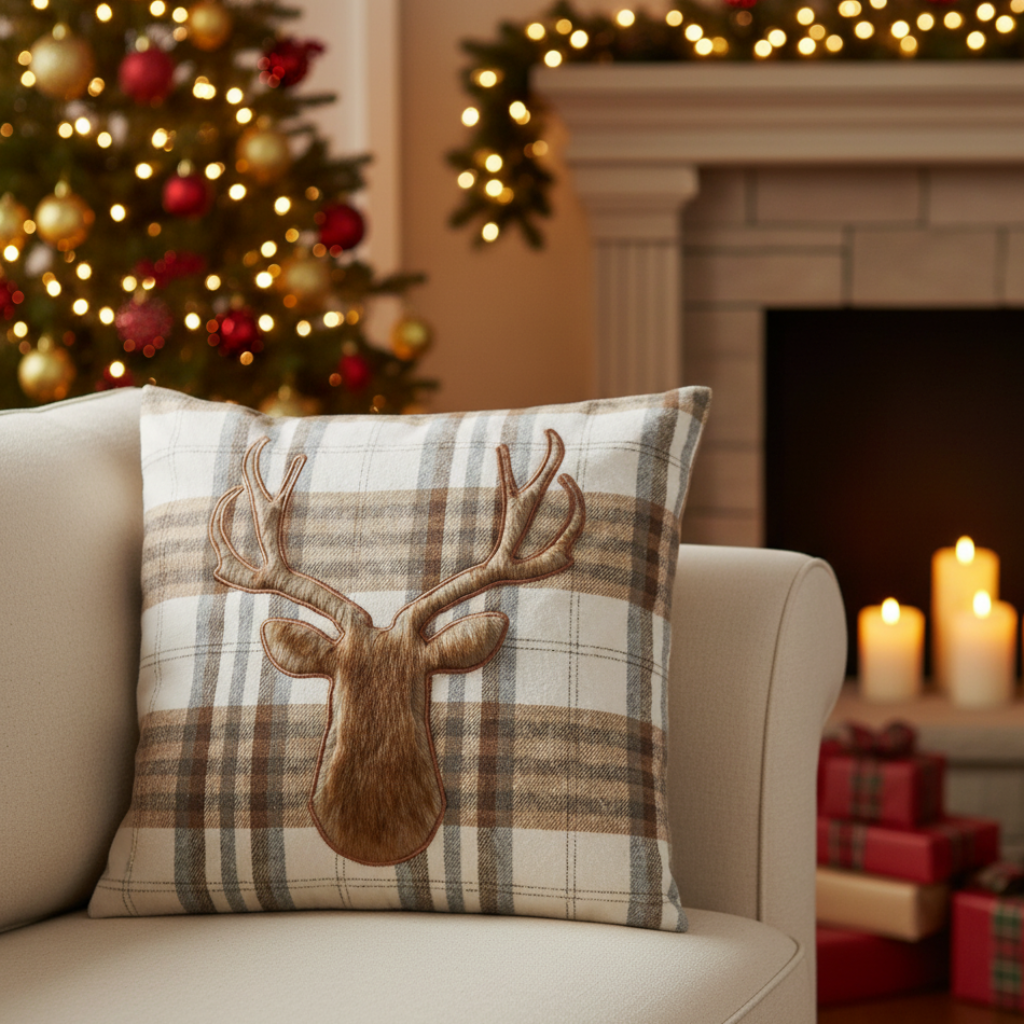 Highland Deer checkered decorative cushion 45x45 cm with deer motif