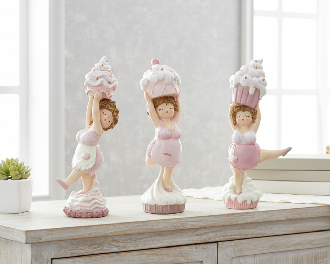 Set of 6 Cake Lady Cupcake Standing - Adorable figures in pink and white