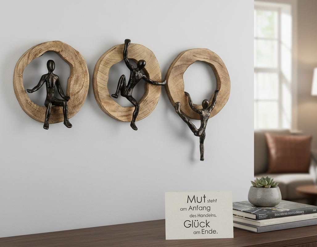 Ascendia Skulptur Dreiteiliges Kletterfiguren Kunstobjekt aus Mangoholz und Aluminium