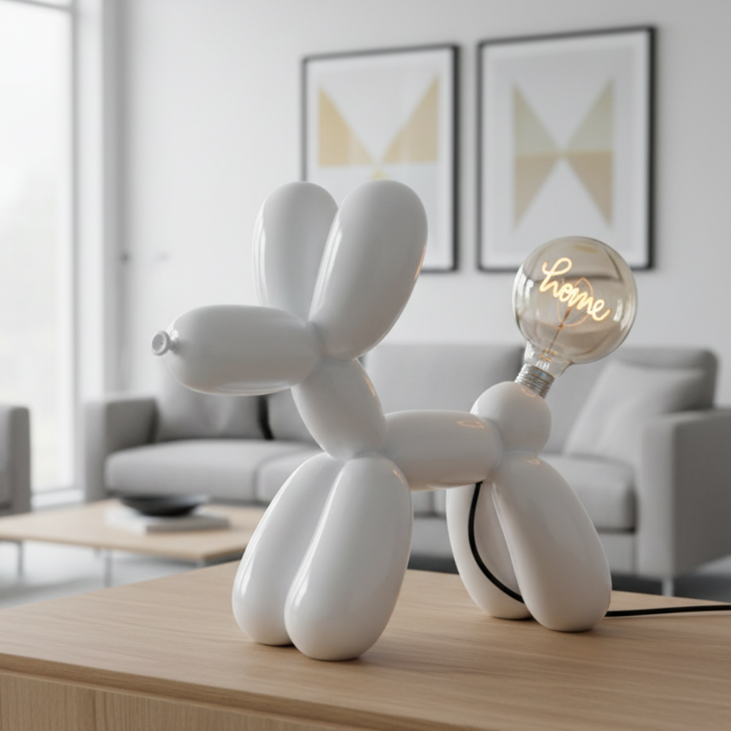 Tischleuchte Ballonhund Elio in Weiß oder Schwarz mit LED Schriftzug Love Home