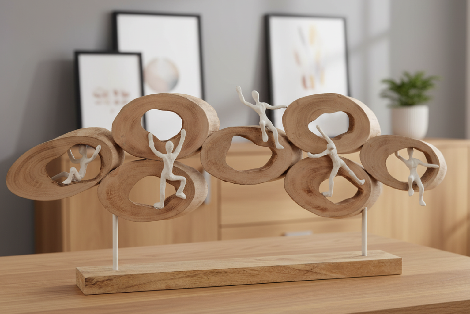 Abstract mango wood sculpture with figures in a circle - decorative crafts