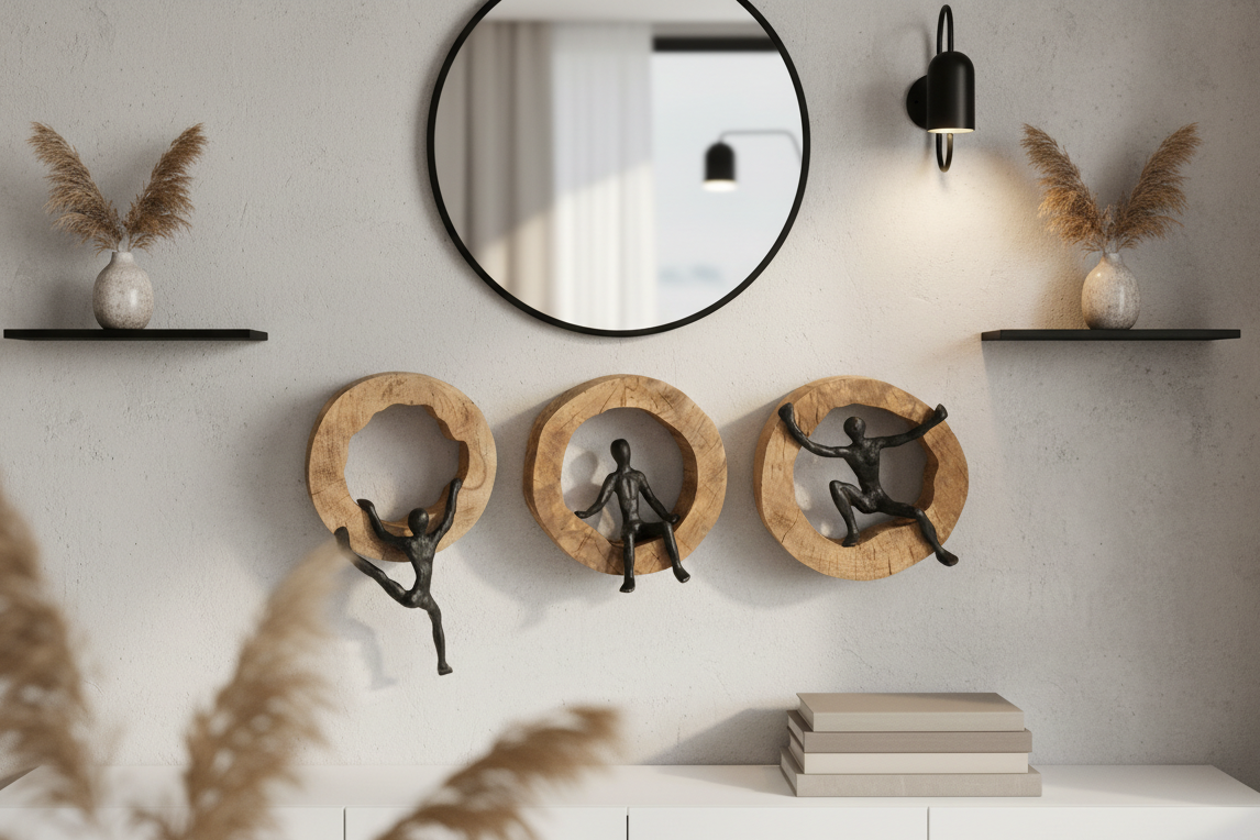 Wanddeko Circolo Kletterfigur aus Mangoholz und Aluminium schwarz 3er Set