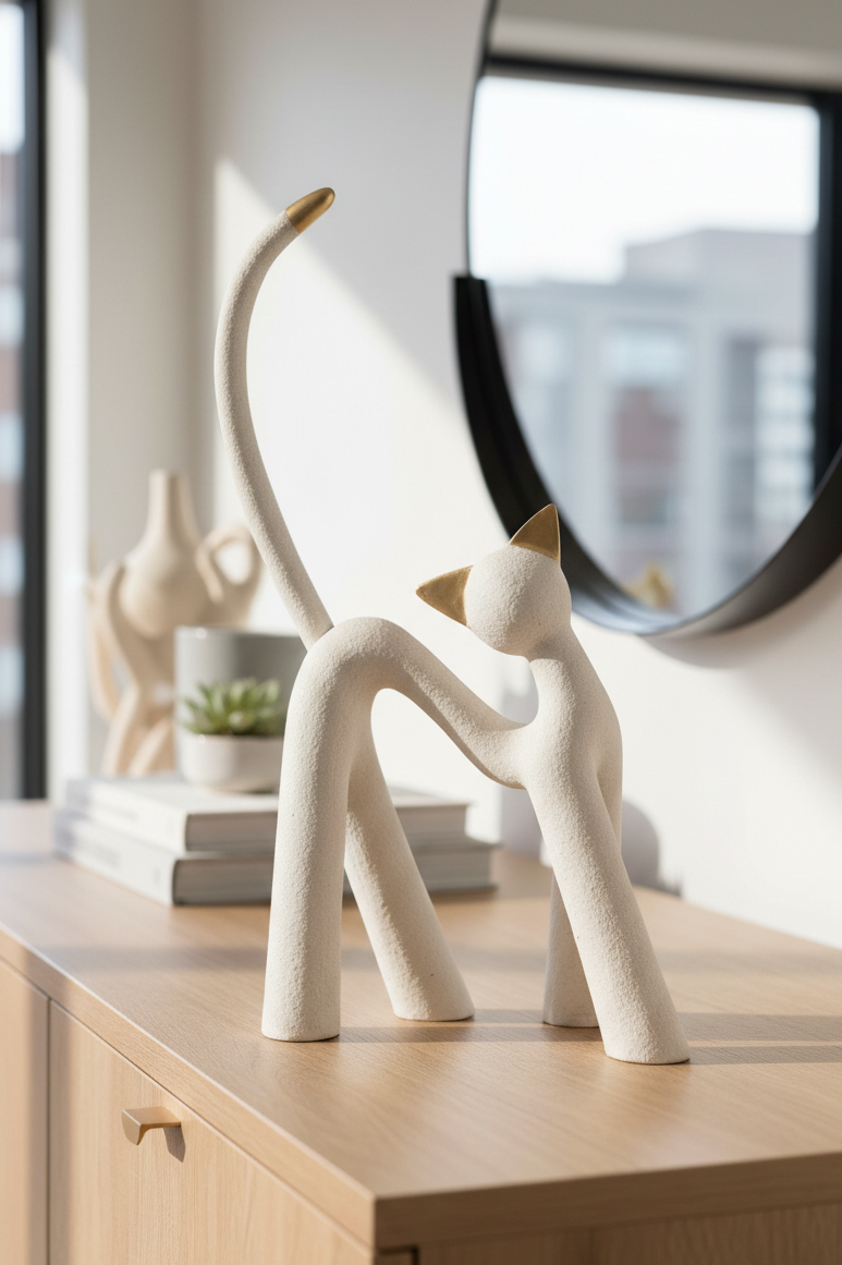 Luna Elegance Katzen Dekofigur in Hellgrau mit Goldakzenten