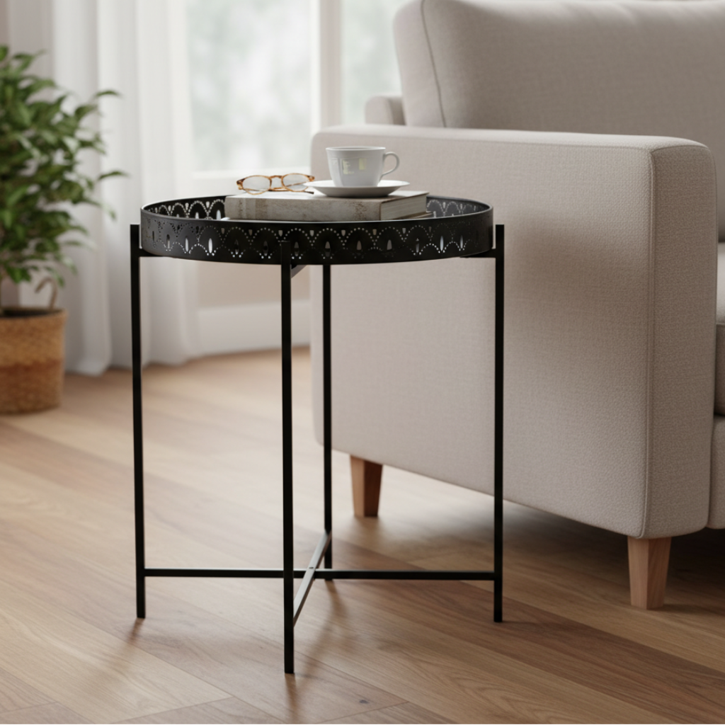 Elios Noir Tabletttisch aus Metall schwarz rund klappbar