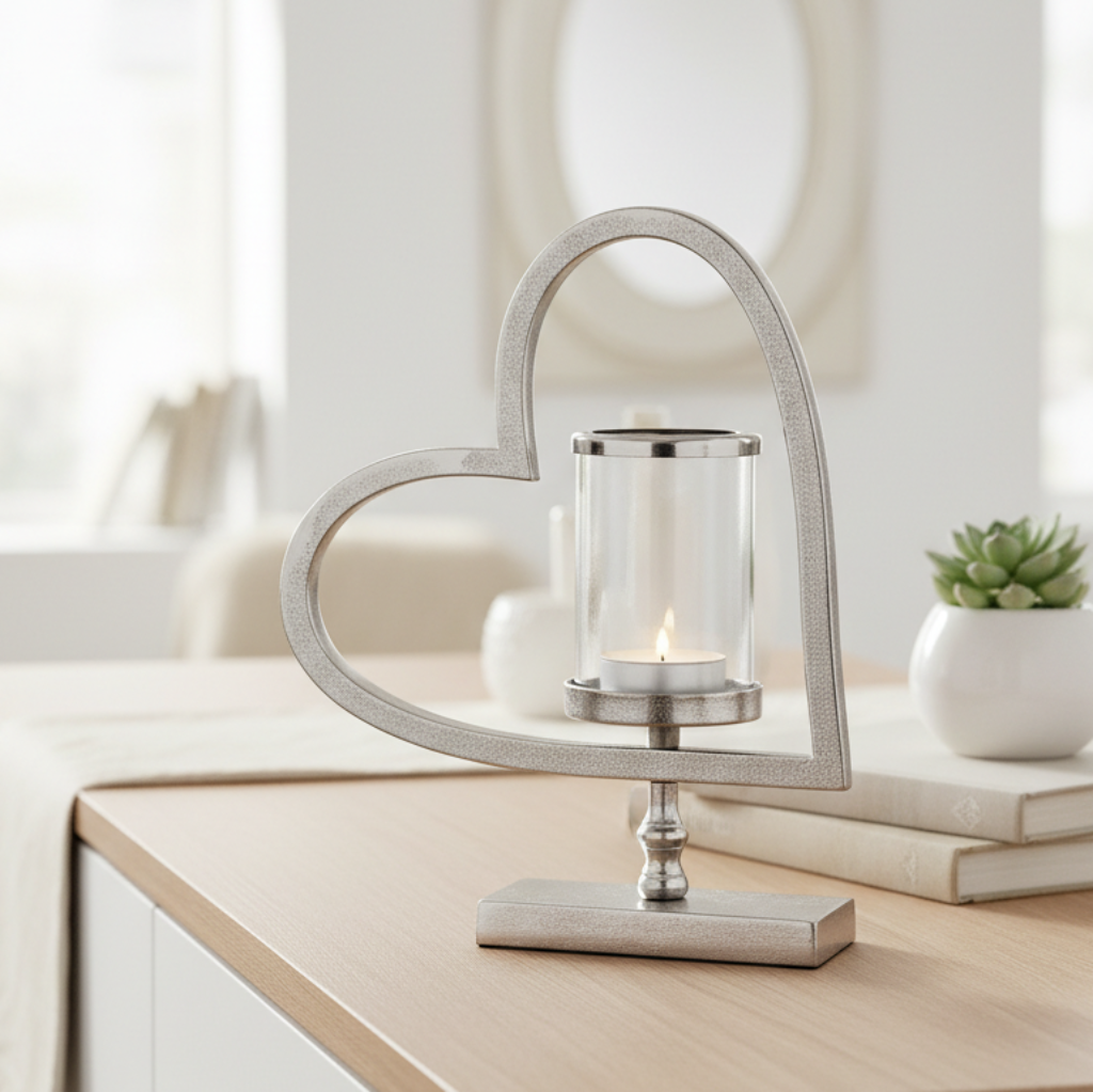 Eleganter Teelichthalter Herz des Lichts – Metall Glas, 32,5 cm Höhe