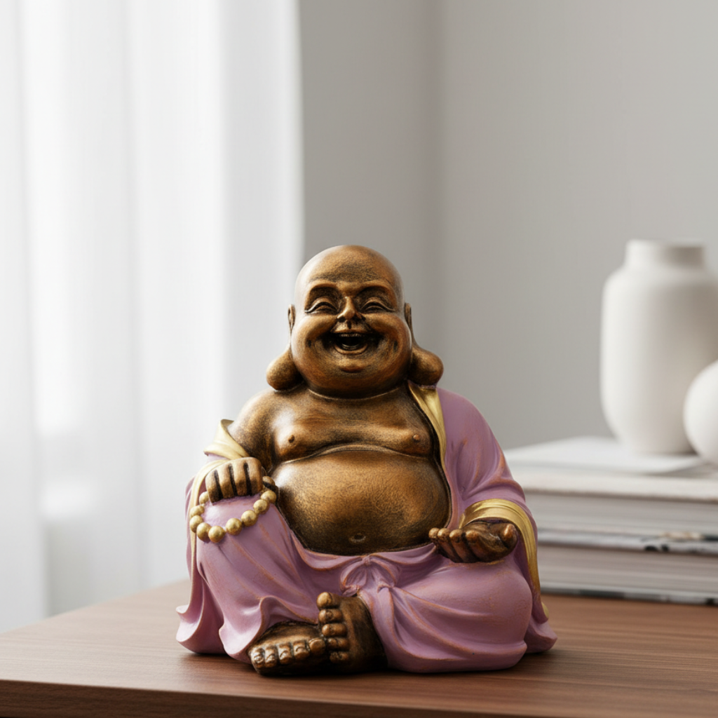 Lachende Buddha Figur mit dickem Bauch – Glückssymbol Dekofigur in Lila Gold