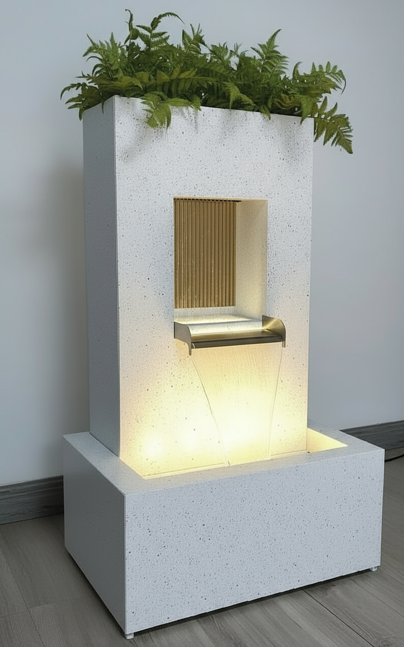 LED Gartenbrunnen Gocta rechteckig weiß 83cm mit Pflanzgefäß