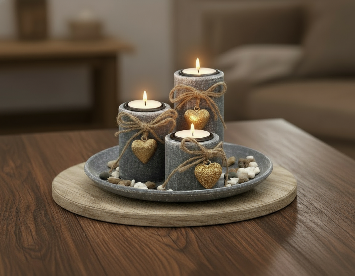 Livia Grey tealight holder set with heart decoration on a decorative plate