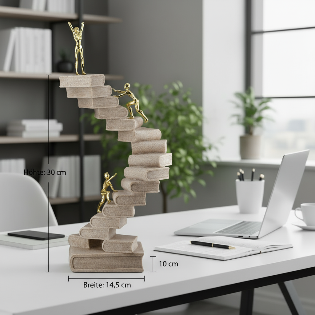 Skulptur Wissensweg Bücher Treppe Creme Gold 30cm