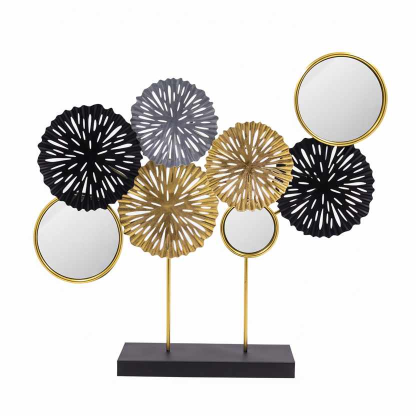 Stunning Metal Table Centerpiece with Mirror - Gold & Black, Floral Motifs, 40x43cm, Perfect for Living Areas