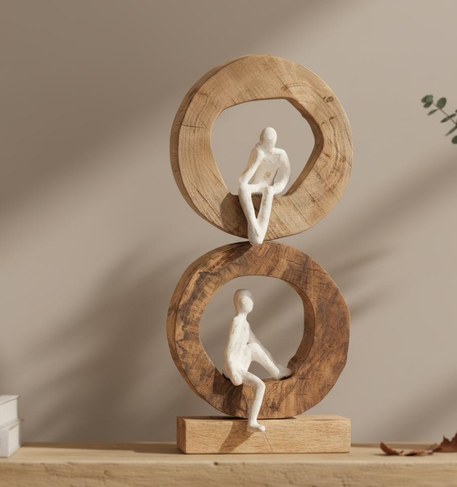 Sculptuur "Double Thinker Rings" - Mangoboom/Natuurlijk Aluminium/Wit