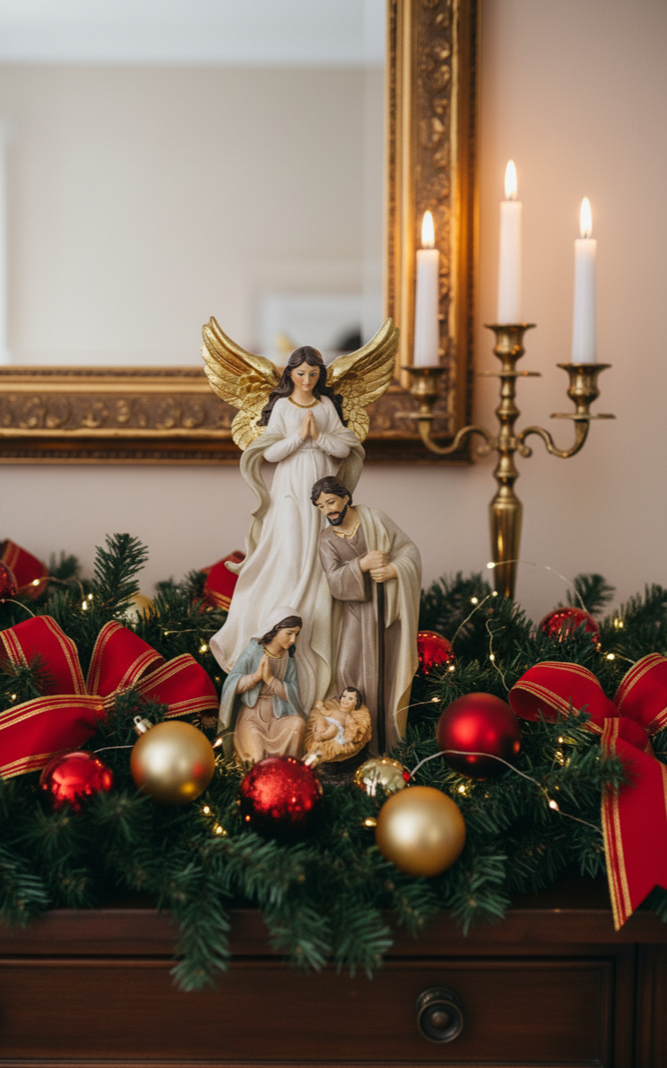 Krippenfigur Heilige Familie mit Engel 20cm Polyresin Weihnachtsdeko