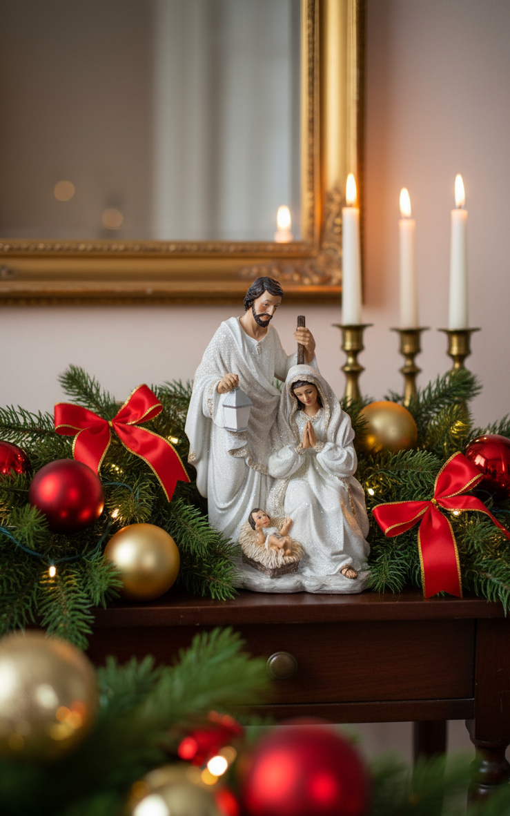 Heilige Familie Celestia Krippenfigur Weiss Gold Glitzer 33cm Polyresin