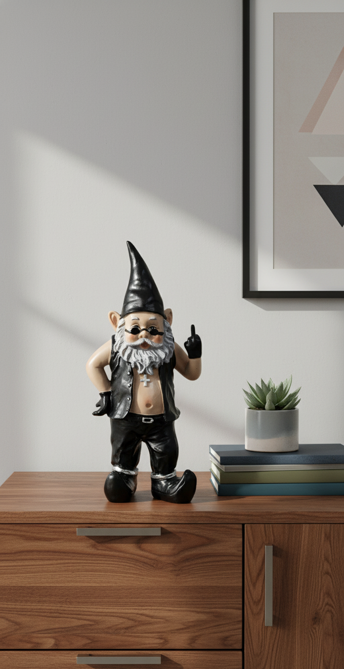 Dekofigur Rockerzwerg Klaus mit Stinkefinger aus Polyresin 32cm